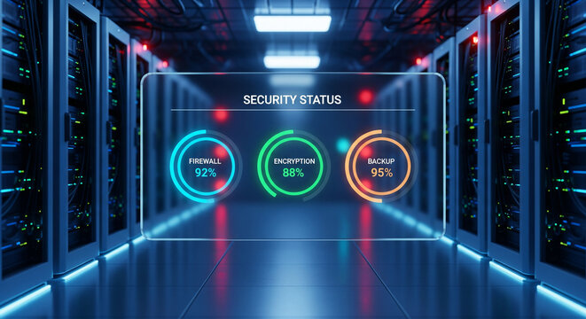 Cybersecurity monitoring system in data center with security status indicators showing network protection threat detection firewall performance and digital infrastructure safety technology