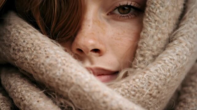 Extreme close up of a charming young woman with natural freckles hiding part of her face with a cozy beige knitted scarf, looking at the camera with her beautiful green eyes and smiling slightly