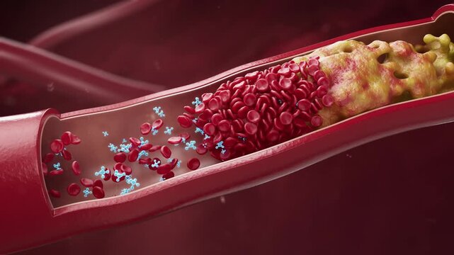 Drug molecules remove blood clots in blood vessels, unclog vessels and clear waste, restoring health and elasticity. Treatment for cardiovascular and cerebrovascular diseases. 3D animation.