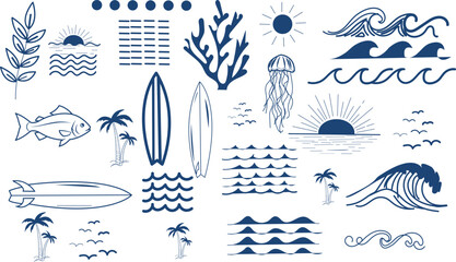 Indigo blue nautical pattern waves coral and ocean life © Tisa