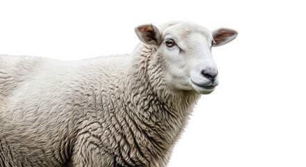 Fototapeta premium White woolly sheep portrait, domestic farm animal with thick fleece, organic livestock and agriculture concept, fluffy ewe head and shoulders isolated on White Background