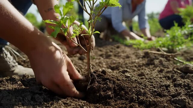 Hands planting a young tree in fertile soil. Community gardening initiative promoting environmental sustainability and reforestation efforts