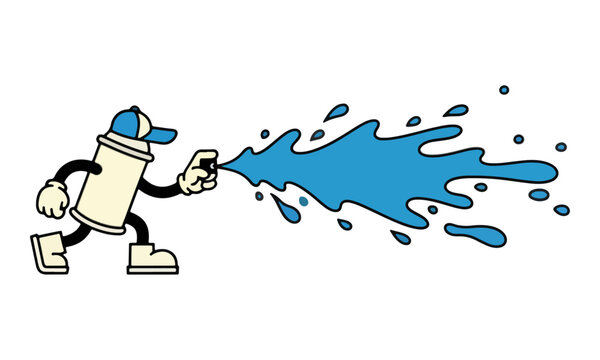Spray Paint Can Character Spraying Blue Liquid Mascot