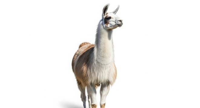 Majestic white llama standing tall, fluffy alpaca with soft wool texture, curious domestic camelid animal in bright daylight isolated on White Background
