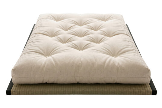 White cotton futon mattress on traditional tatami mat. Japanese bedroom bedding.