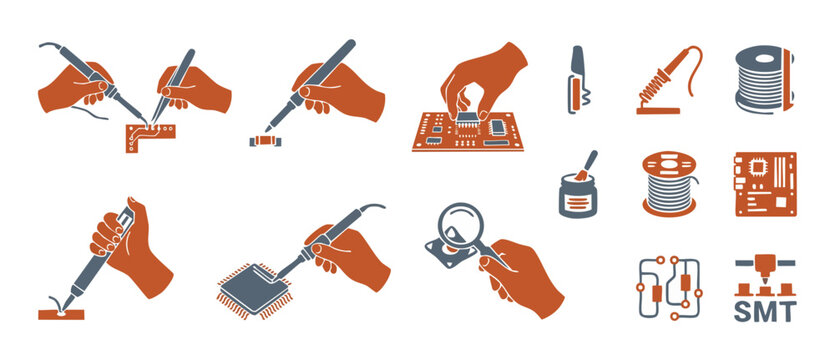 Soldering electronic components circuit board icons set, manual PCB assembly process, SMT technical repair tools and microchip maintenance symbols for hardware engineering and manufacturing industry g