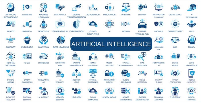 Artificial intelligence solid icon set. Includes machine learning, ethical governance, robot, cyborg, electronics, brain & android. Professional secure and editable vector assets.
