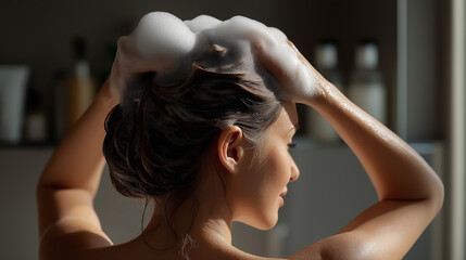 Naklejka premium Woman Washing Hair with Shampoo Foam in Shower Close Up Hair Care Hygiene and Beauty Routine Concept