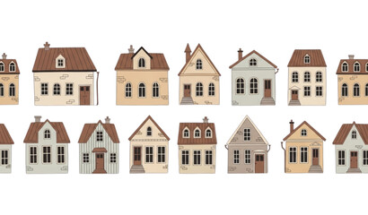 Naklejka premium Cute cosy town houses seamless pattern European Scandi street flat vector design