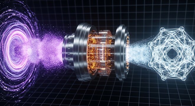 Futuristic quantum computer processor with energy vortex and digital lattice