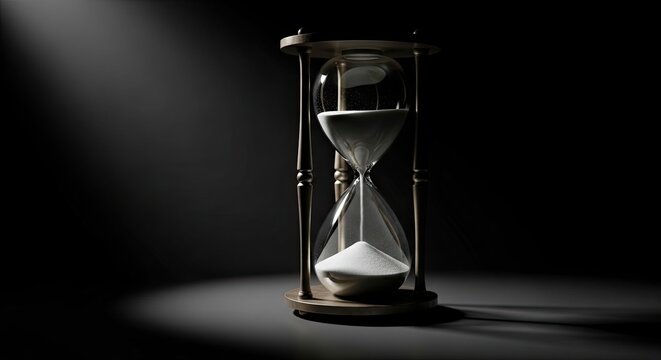 Vintage hourglass with falling white sand measuring passing time in dramatic low key lighting concept for deadline urgency efficiency productivity and chronological measurement in dark studio