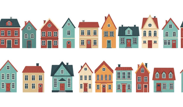 Cute European houses seamless pattern cosy town panorama Scandinavian flat vector