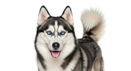 Fototapeta premium Siberian Husky with blue eyes, majestic purebred sled dog portrait, fluffy black and white canine companion with curled tail isolated on White Background