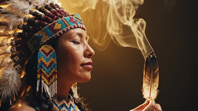 Native American woman with feather perfect for vlog intros and personal care commercials