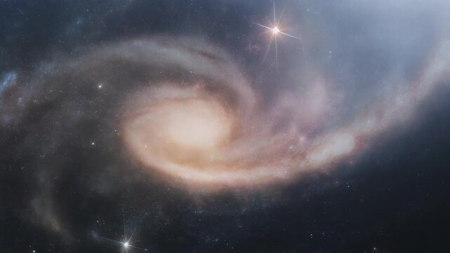 Spiral galaxy with bright central core and sweeping arms of stars, gas, and dust against dark star-filled background.