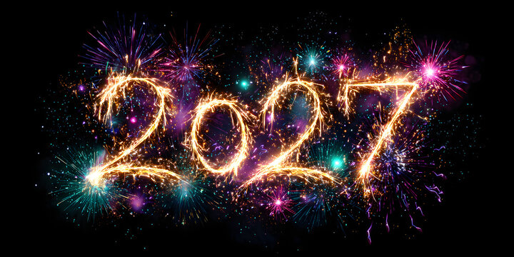 New Year's Eve greeting card featuring sparkler font and firework fireworks pyrotechnic isolated on a black night sky background.
