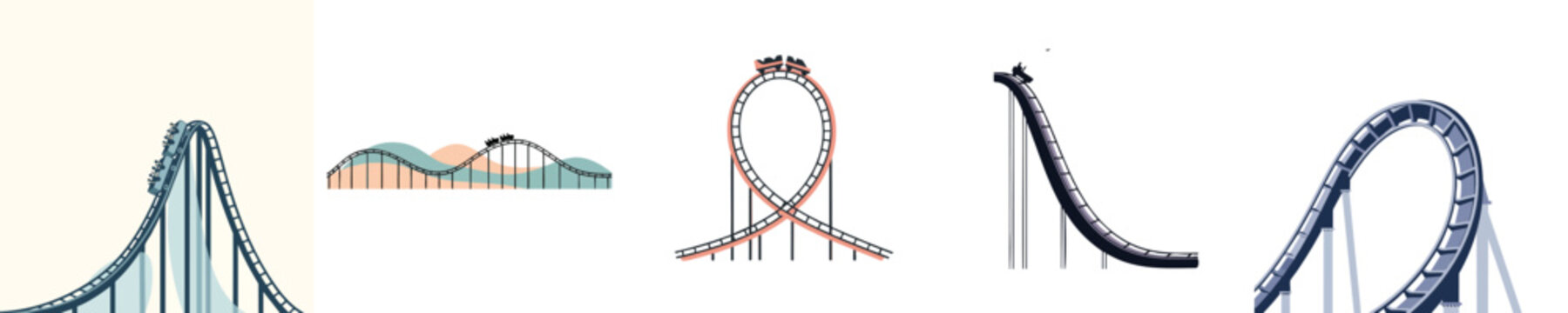 Amusement Park Roller Coaster Vector Flat Design Thrill Ride Track Illustration Set