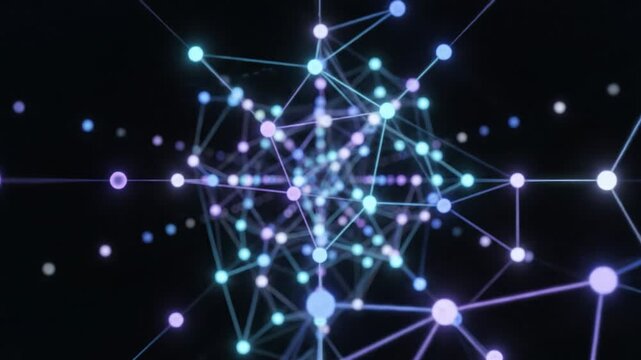 Abstract digital network connection with glowing blue nodes and lines forming futuristic technology data web mesh pattern on black background showcasing energy and motion effects