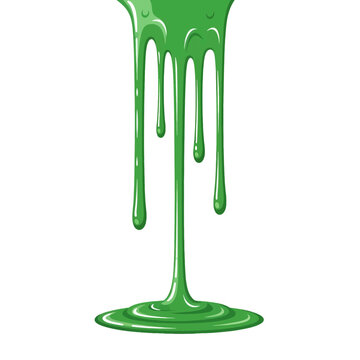 A bright green liquid substance is dripping down onto a flat surface