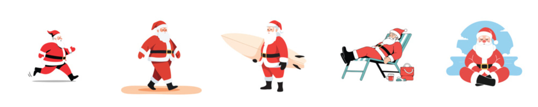 Beach Santa Vector Flat Design Summer Holiday Christmas Character Vacation Illustration Set