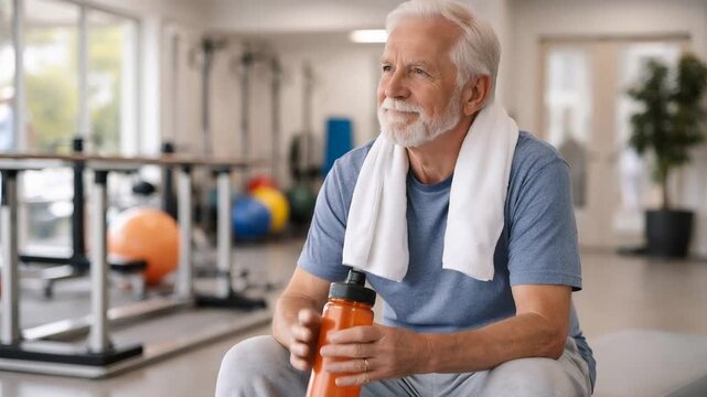 Elderly man with a towel resting after exercising and drinking water to rehydrate at the gym. Healthy athletic senior man enjoying an active lifestyle and looking away thoughtfully