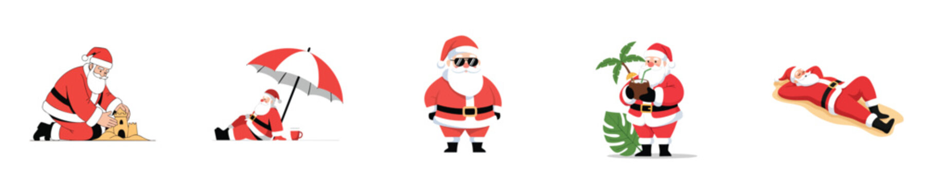 Santa Beach Vector Flat Design Summer Holiday Christmas Character Tropical Vacation Illustration Set