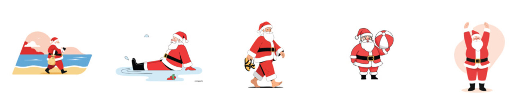Santa Beach Vector Flat Design Summer Christmas Holiday Tropical Vacation Character Activity Illustration Set