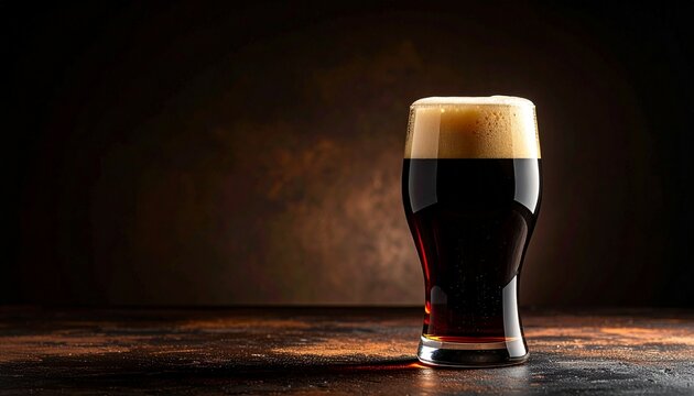 A stout beer glass filled with deep dark liquid topped with creamy foam.
The background fades from black to dark brown with dramatic low key lighting.