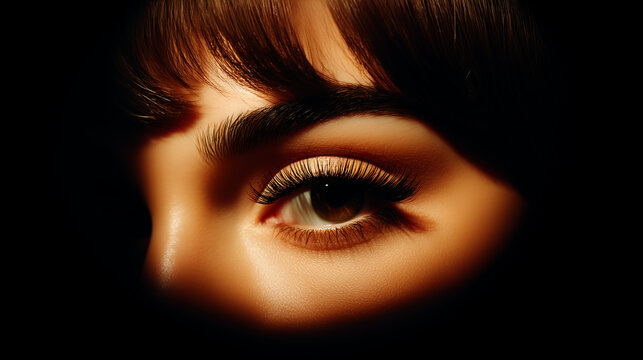 Close-up portrait of a woman's eye with dramatic lighting, long eyelashes and soft shadows highlighting natural beauty and elegance