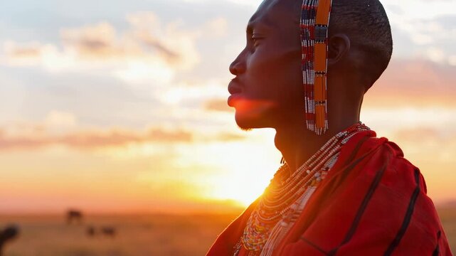 Side view portrait of an authentic Maasai man wearing traditional red clothing and beaded jewelry, contemplating the beautiful sunset over the Kenyan savanna with lens flare effect
