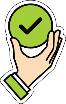 Hand holding green circle with check mark flat vector illustration