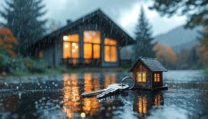 Fototapeta premium Keys to a small model house are placed on a wet surface with a larger house in the rainy background.