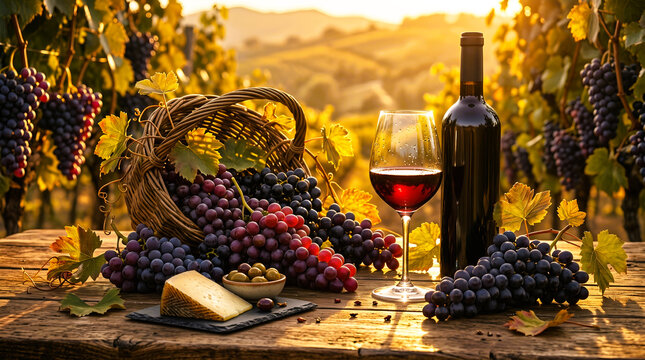 Ripe grapes and a bottle of red wine create a still life with wineglass and fruit for a winery celebration