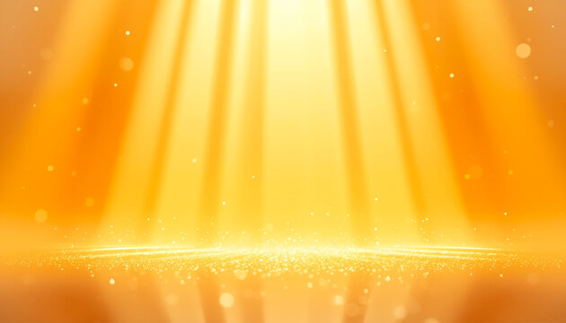 Bright golden light rays shine down onto a shimmering, dusty stage, creating a magical and atmospheric abstract background.