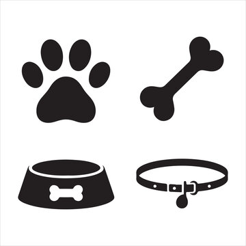 Pet supplies icon set, Dog paw bone bowl and collar icon set vector illustration flat clipart design