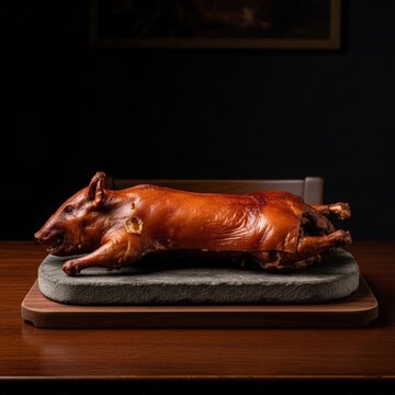 Roasted suckling pig on wooden board.