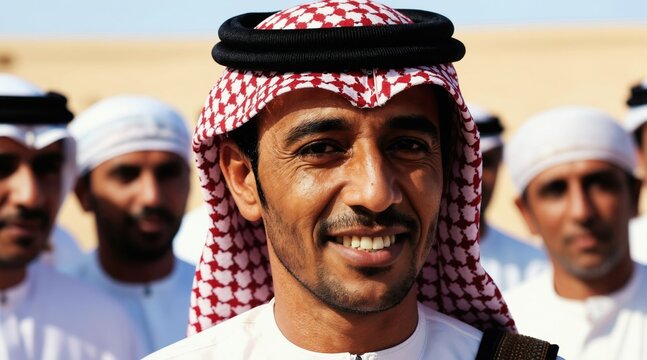 Man smiles wearing traditional Omani kumma headwear. Group of Arab men in white thawb stand together outdoors. Diverse friends represent Middle Eastern heritage and community life.