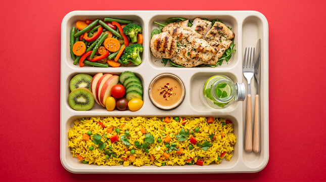 A well-balanced healthy meal prep tray with grilled chicken, rice, vegetables, and fruit displayed on a vibrant red background.