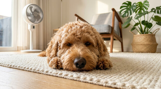 Dog summer heat heatwave cooling indoor floor fan resting tired dog summer heat heatwave cooling. Heat wave extreme summer, sun high temperature hot weather, global warming, heat stroke