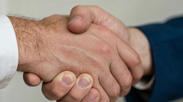 Close-up of two businessmen shaking hands in a formal agreement symbolizing a successful deal or partnership conclusion