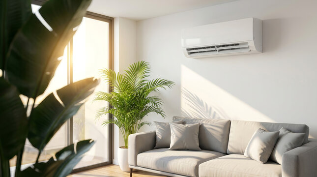 Cooling home, Air sustainable system. home air cooling sustainable system modern living room split air conditioner sunlit interior. Modern residential innovation, efficiency, renewable energy