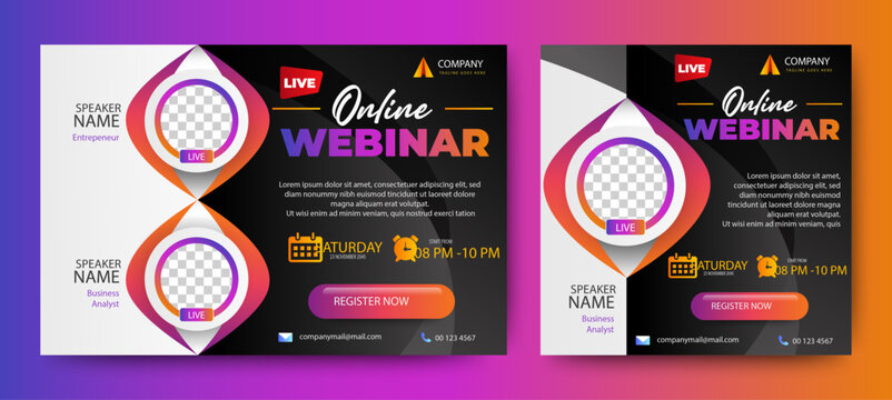 Business webinar invitation design. Webinar and business conference social media post template. Online webinar social media post template. Business conference banner template. Online live webinar.