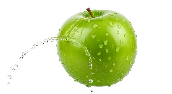 Juicy green apple with water droplets and fresh splash isolated on white, healthy fruit and purity concept
