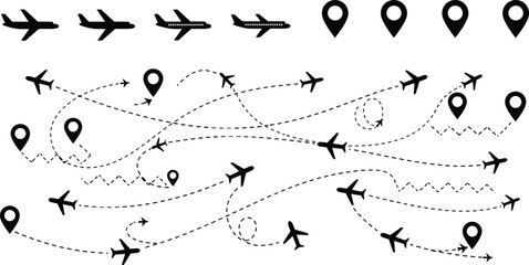 Fototapeta premium Airplane and Location Markers Vector Set Featuring Flight Paths, Airplanes, and Travel Icons