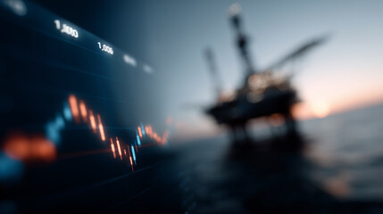 Obraz premium Oil Industry Market Volatility Concept with Offshore Rig at Sunset and Financial Stock Chart Overlay
