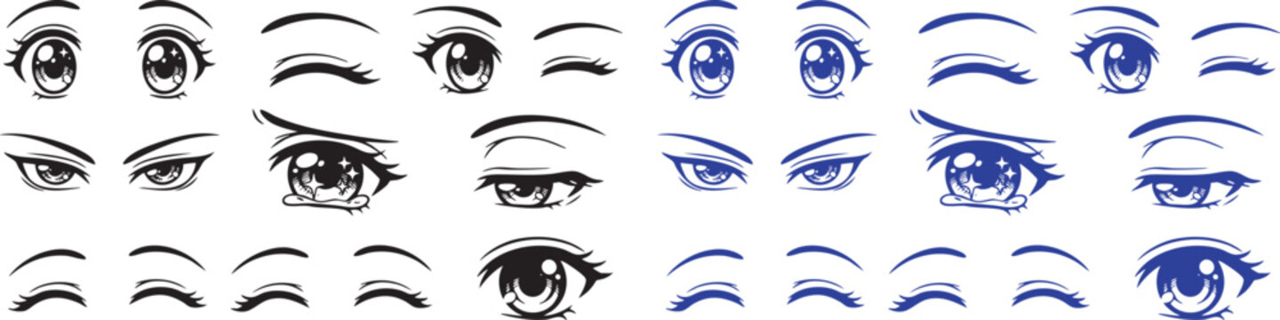 Assorted anime eyes and eyebrows in black and blue