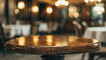 Obraz premium An empty rustic wooden table stands prominently in a softly lit, blurred background restaurant or cafe interior.