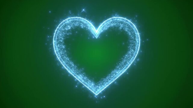 Glowing heart shape made of sparkling particles, luminescent blue-white light against dark green background, elegant digital ethereal effect.