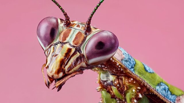 Extreme close-up of a colorful praying mantis head and body on pink background. Detailed macro view of a vibrant praying mantis showcasing its intricate features and striking camouflage