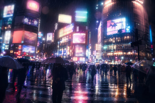 雨に濡れた渋谷スクランブル交差点にネオンがにじむシネマティック都市背景
Rainy Shibuya scramble crossing with glowing blurred neon lights in dark mood